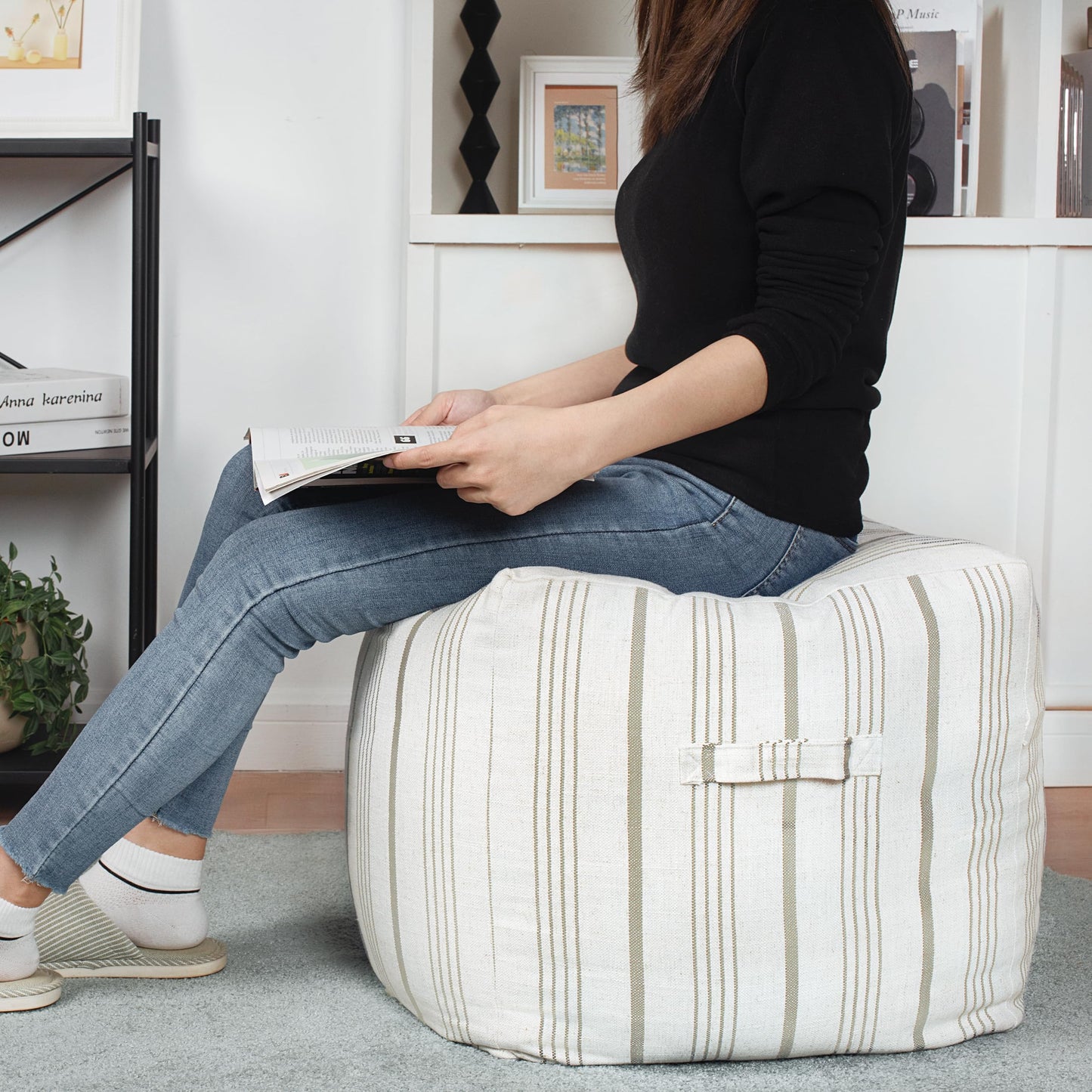 AELS Unstuffed Farmhouse Pouf Cover for Living Room, Boho Storage Bean Bag Cubes, Beige with Brown Stitch Yarn Dyed Stripe Square Ottoman Pouf Foot Rest Footstool, 18"x18"x18", Cover ONLY