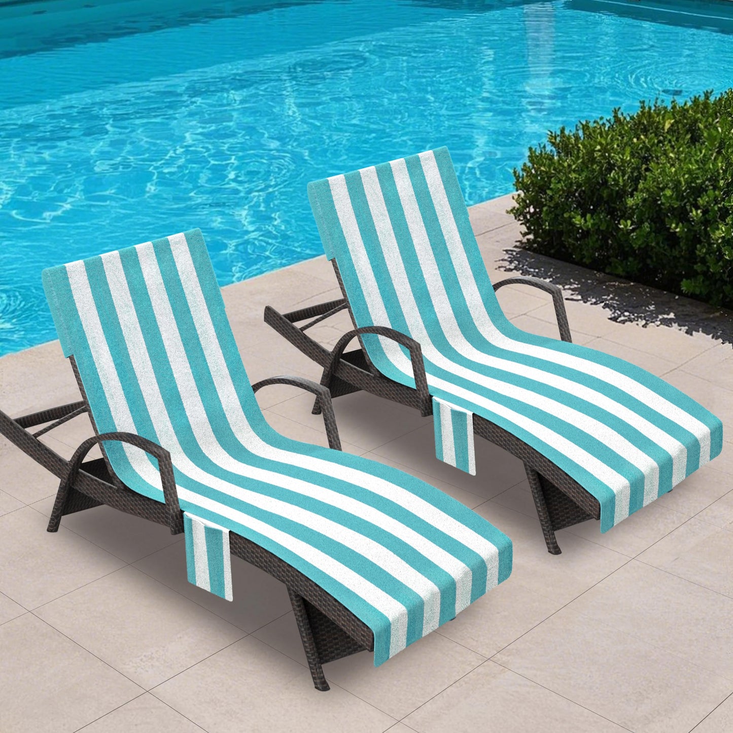 Lounge Chair Towel Cover, Pack of 2 - Microfiber Beach Towels with Pockets, Fits Outdoor Garden Beach Hotel Pool Chairs, Non-Slip & Portable Design, 85" X 30", Ombre Blue Stripes