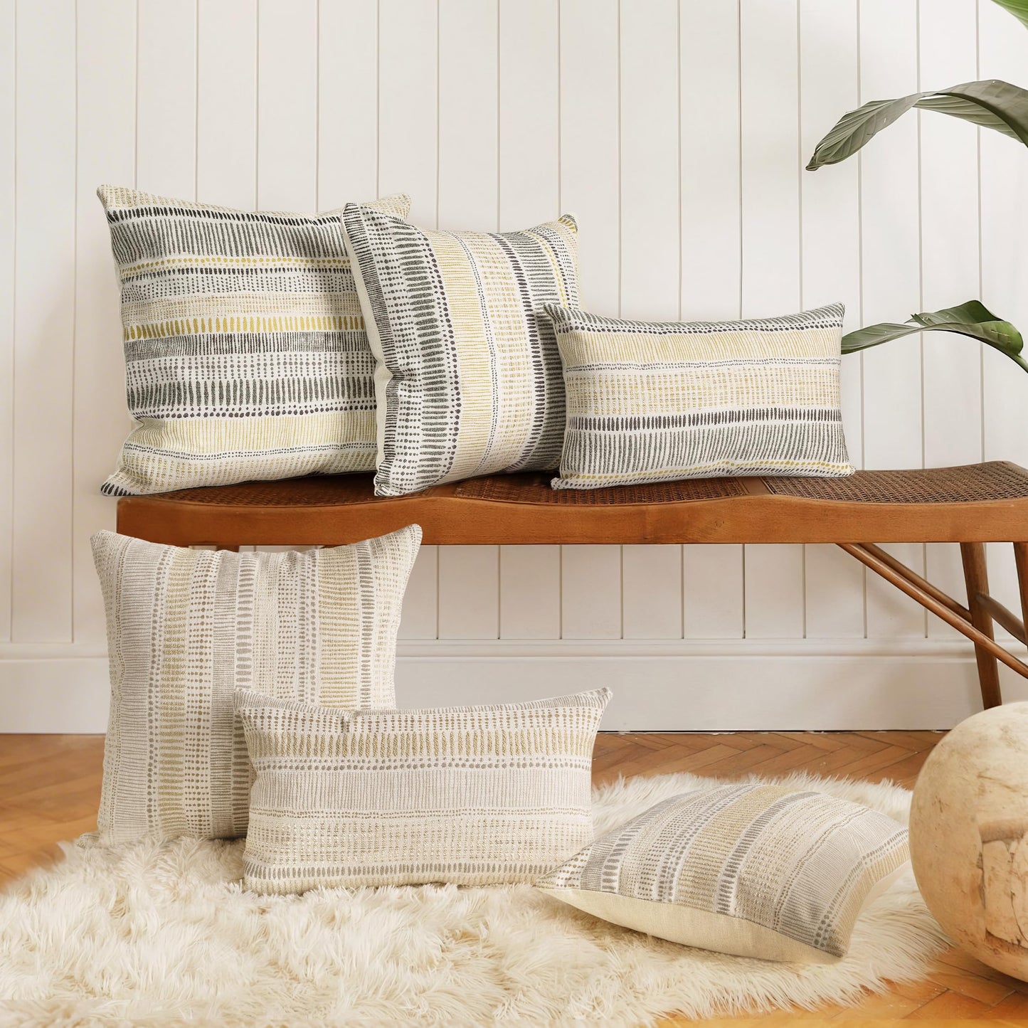 AELS Boho Decorative Striped Lumbar Pillow Covers 12x20, Modern Mid Century Lumbar Support Pillow Cover, Farmhouse Rustic Woven Cushion Case for Bed Couch Sofa, Mustard Yellow Gray