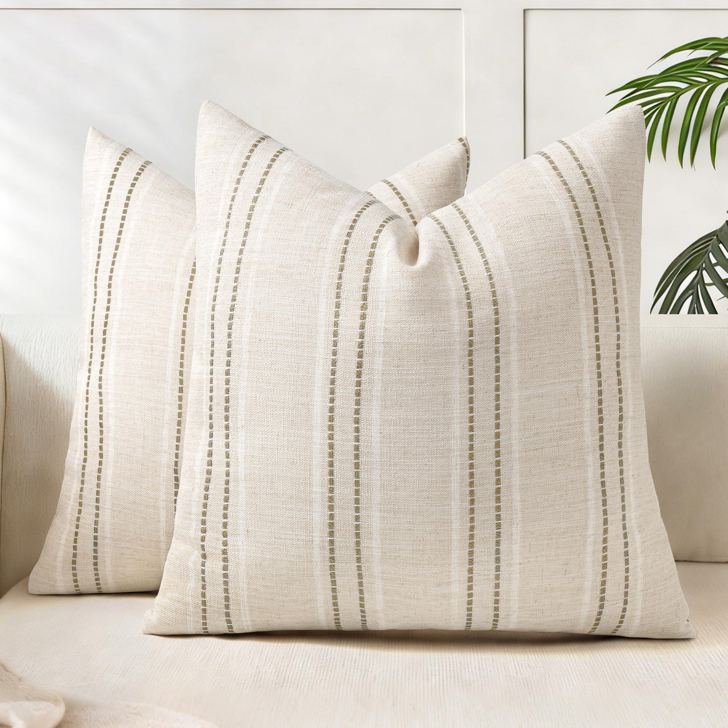 AELS 12x20 Decorative Farmhouse Linen Blend Throw Pillow Covers, Boho Textured Pillow Case, Set of 2, Beige with White & Brown Stitch Yarn Dyed Stripe Cushion Cover for Sofa Living Room (Cover ONLY)