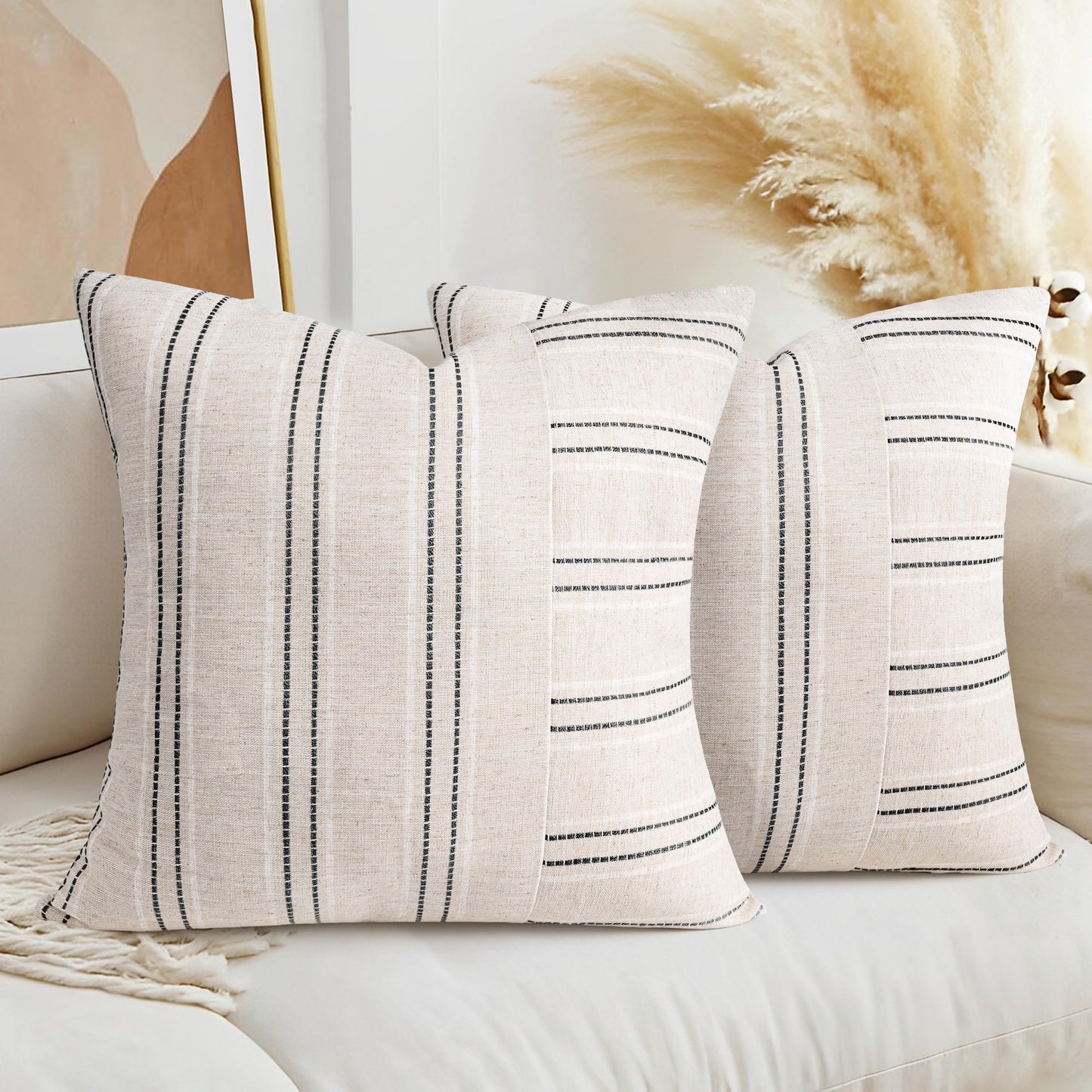 AELS 12x20 Decorative Farmhouse Linen Throw Pillow Covers, Boho Rectangle Lumbar Pillow Case, Set of 2, Beige with White & Gray Stripe Patchwork Cushion Cover for Sofa Couch Living Room (Cover ONLY)