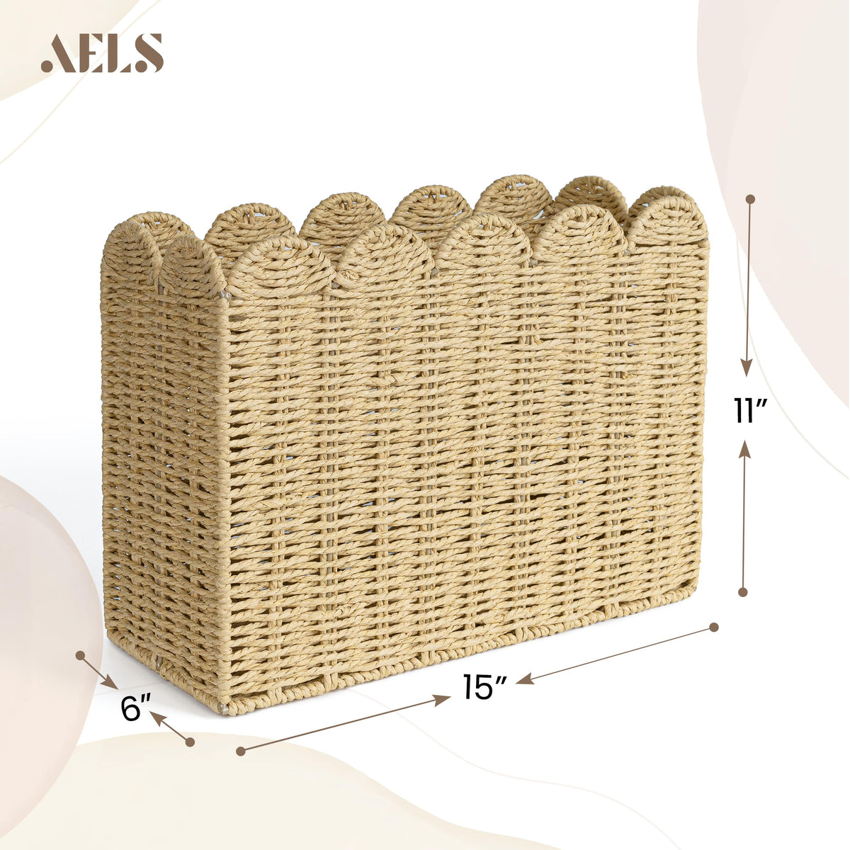 AELS Woven Natural Fibre Magazine Holder, Scalloped Edge Floor Magazine Rack, Hand-woven Organizer, Boho Modern Farmhouse Book Basket, File Newspaper Mail Holder for Office