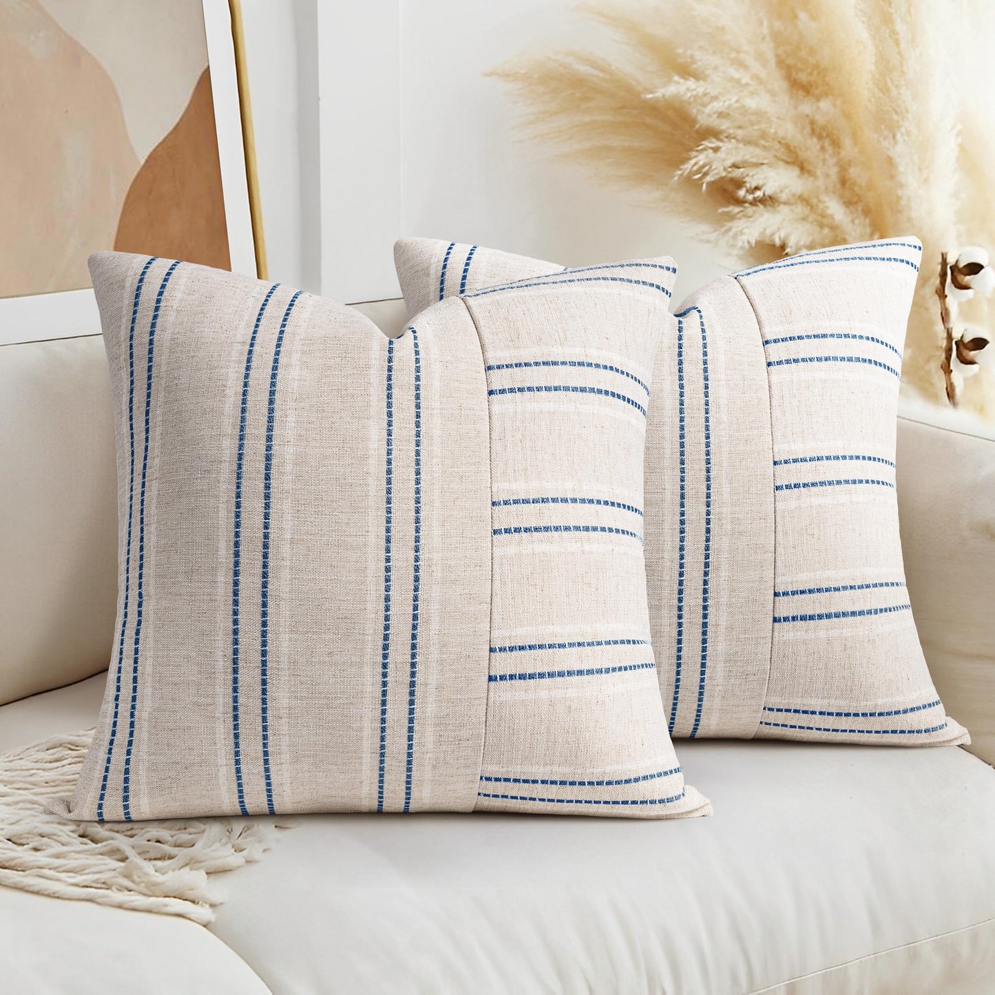 AELS 12x20 Decorative Farmhouse Linen Throw Pillow Covers, Boho Rectangle Lumbar Pillow Case, Set of 2, Beige with White & Gray Stripe Patchwork Cushion Cover for Sofa Couch Living Room (Cover ONLY)