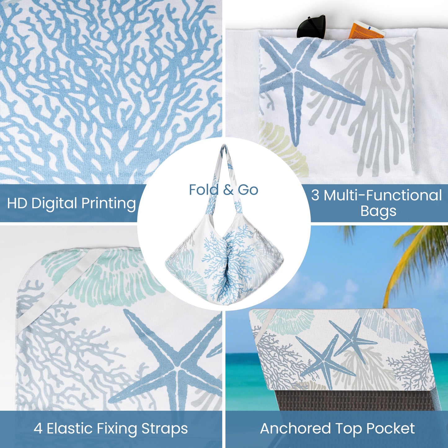 Lounge Chair Towel Cover, Pack of 2 - Microfiber Beach Towels with Pockets, Fits Outdoor Garden Beach Hotel Pool Chairs, Non-Slip & Portable Design, 85" X 30", Ombre Blue Stripes