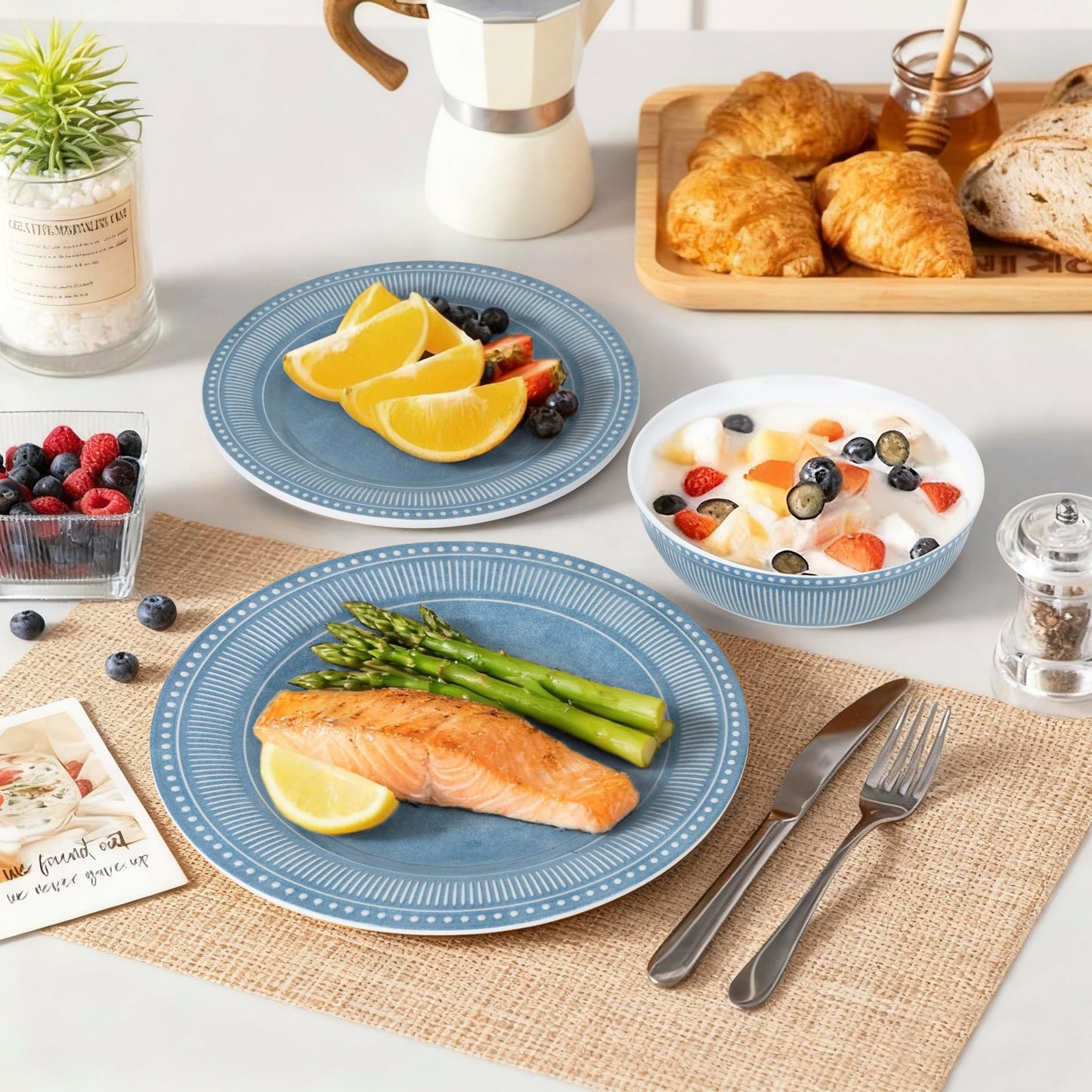 Melamine Dinnerware Set of 12 Pcs, Dinner Dishes Set for Indoor and Outdoor Use, Melamine Plates and Bowls Set for 4, Dishwasher Safe, Lightweight Unbreakable, BPA Free, Blue