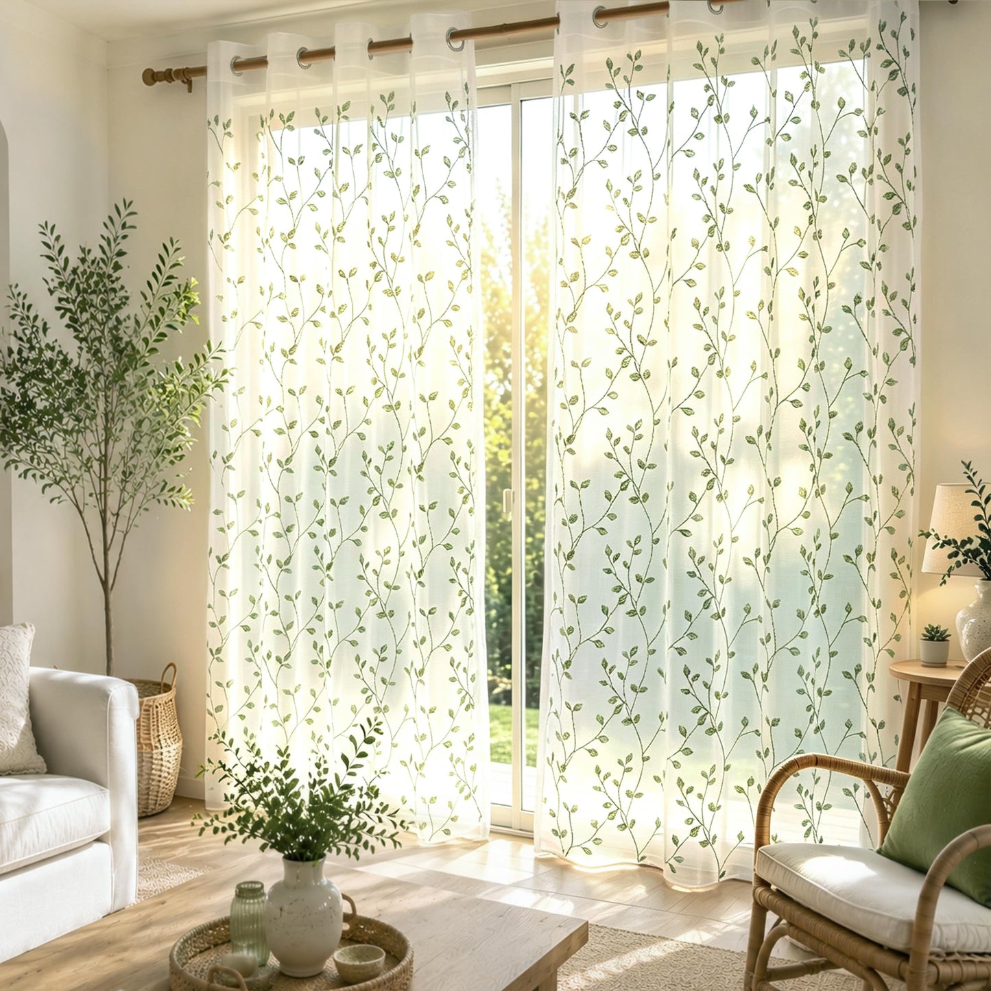 Semi White Sheer Curtains 84 Inches Long 2 Panels Set, White Stem | Embroidered Leaf Patterned Voile Window Treatments for Living Room Bedroom, Airy Light Filtering Grommet Curtains 52"W x 84"L