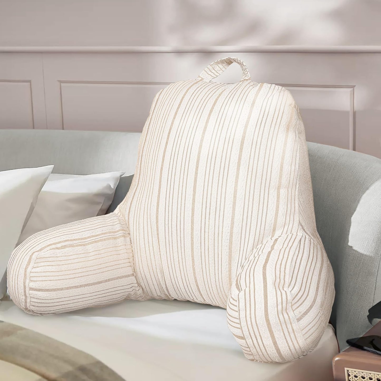 AELS Reading Pillow Replacement Cover (No Insert) with Arms and Pockets, 18" Beige with Light Brown Stripes Textured Backrest Pillow Cover Fits Standard Size Pillows (Cover ONLY)