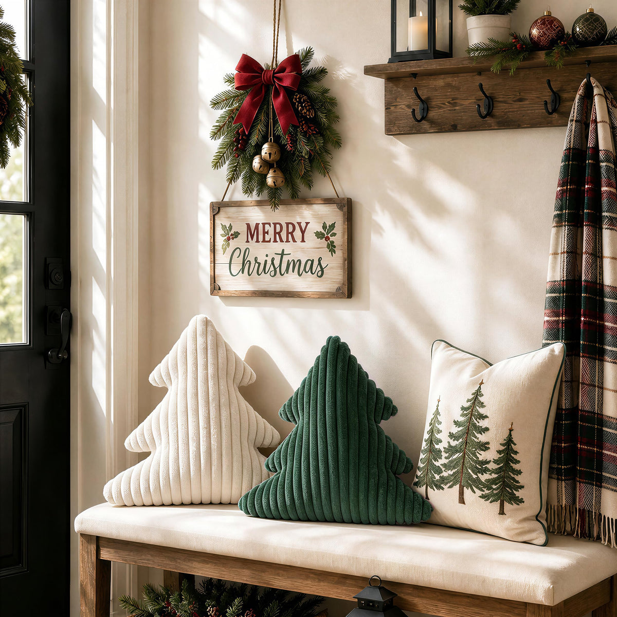 AELS Faux Fur Christmas Tree Decorative Pillow Set of 3, Forest Green Series