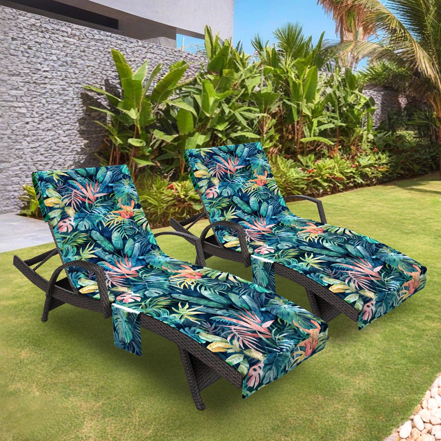 AELS Lounge Chair Towel Cover, Pack of 2 - Microfiber Beach Towels with Pockets, Fits Outdoor Garden Beach Hotel Pool Chairs, Non-Slip & Portable Design, 85" X 30", Sea Turtle Blue Stripe