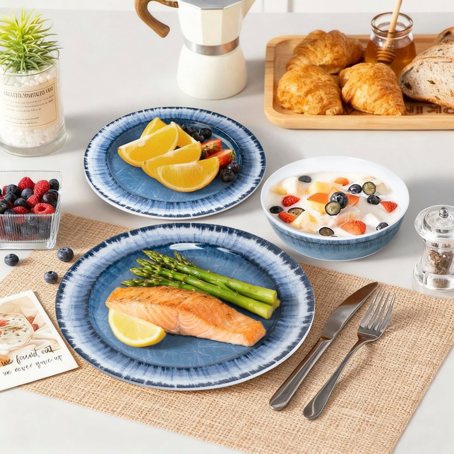 AELS Melamine Dinnerware Set of 12 Pcs Dinner Dishes Set for Indoor and Outdoor Use, Dishwasher Safe, Lightweight Unbreakable, BPA Free, Light Blue