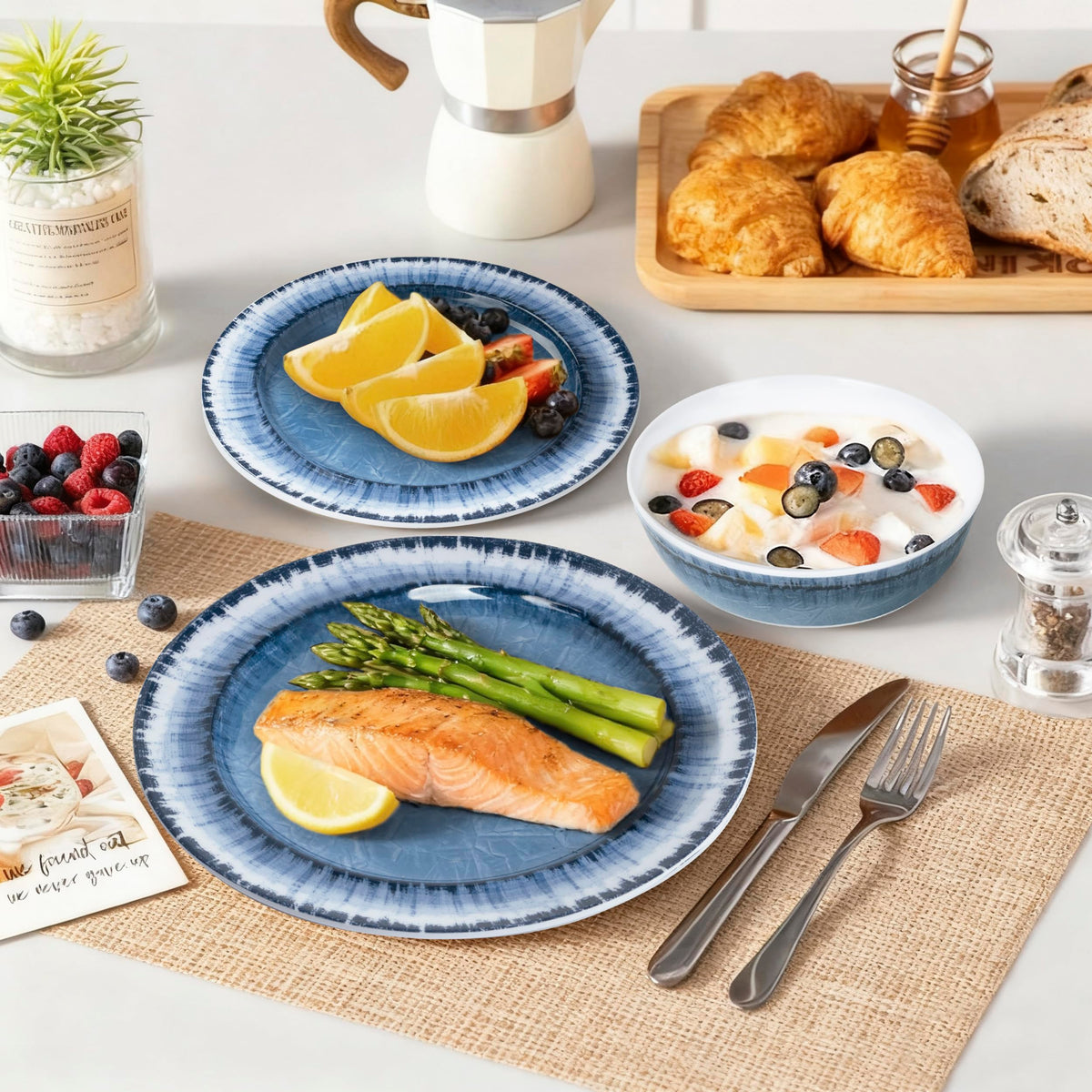 AELS Melamine Dinnerware Set of 18 Pcs Dinner Dishes Set, Lightweight Unbreakable for Indoor and Outdoor Use, BPA Free, Dishwasher Safe, Light Blue