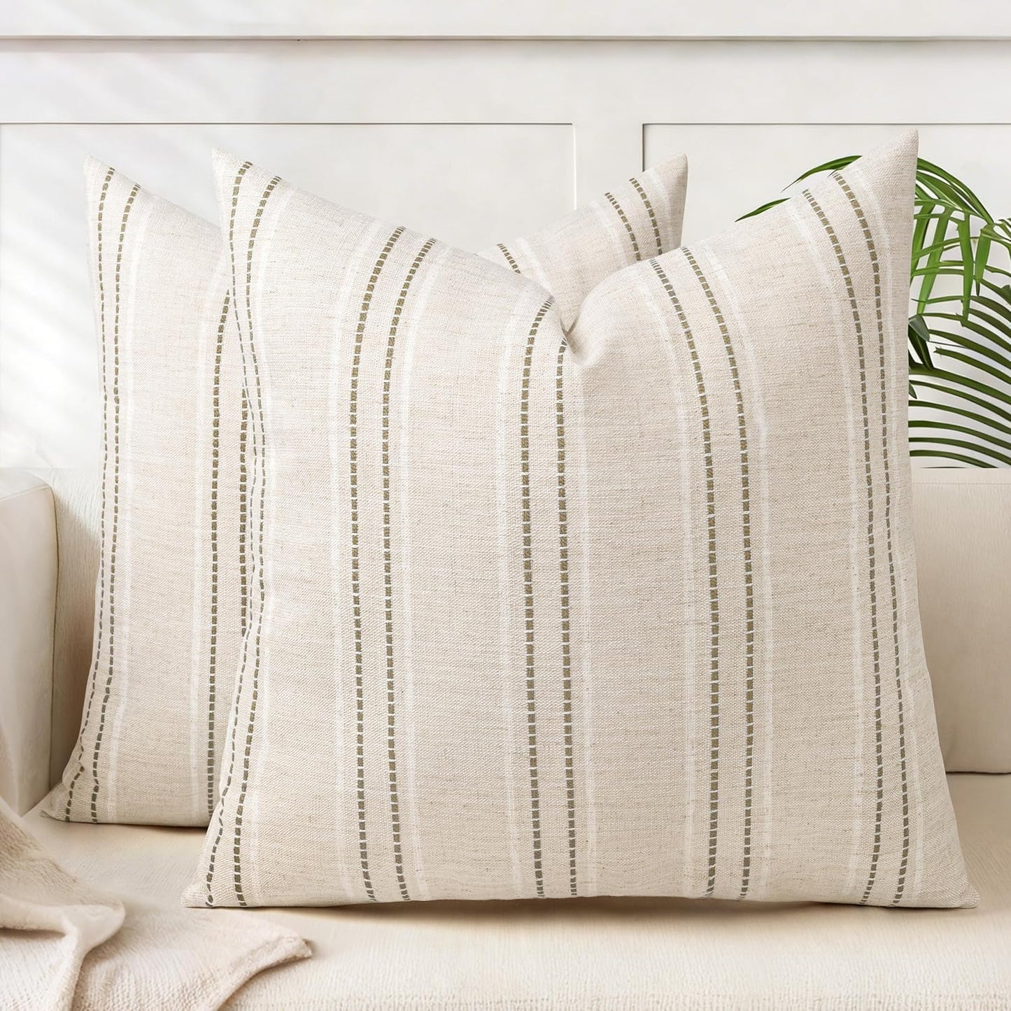AELS 12x20 Decorative Farmhouse Linen Blend Throw Pillow Covers, Boho Textured Pillow Case, Set of 2, Beige with White & Brown Stitch Yarn Dyed Stripe Cushion Cover for Sofa Living Room (Cover ONLY)