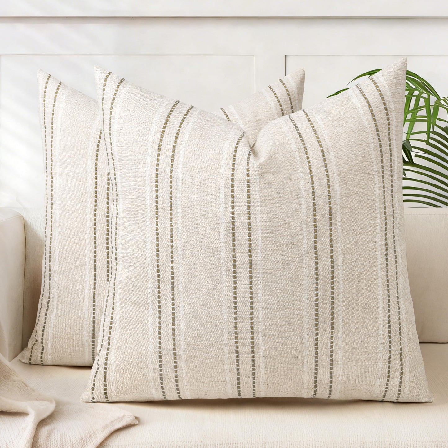 AELS 12x20 Decorative Farmhouse Linen Blend Throw Pillow Covers, Boho Textured Pillow Case, Set of 2, Beige with White & Brown Stitch Yarn Dyed Stripe Cushion Cover for Sofa Living Room (Cover ONLY)