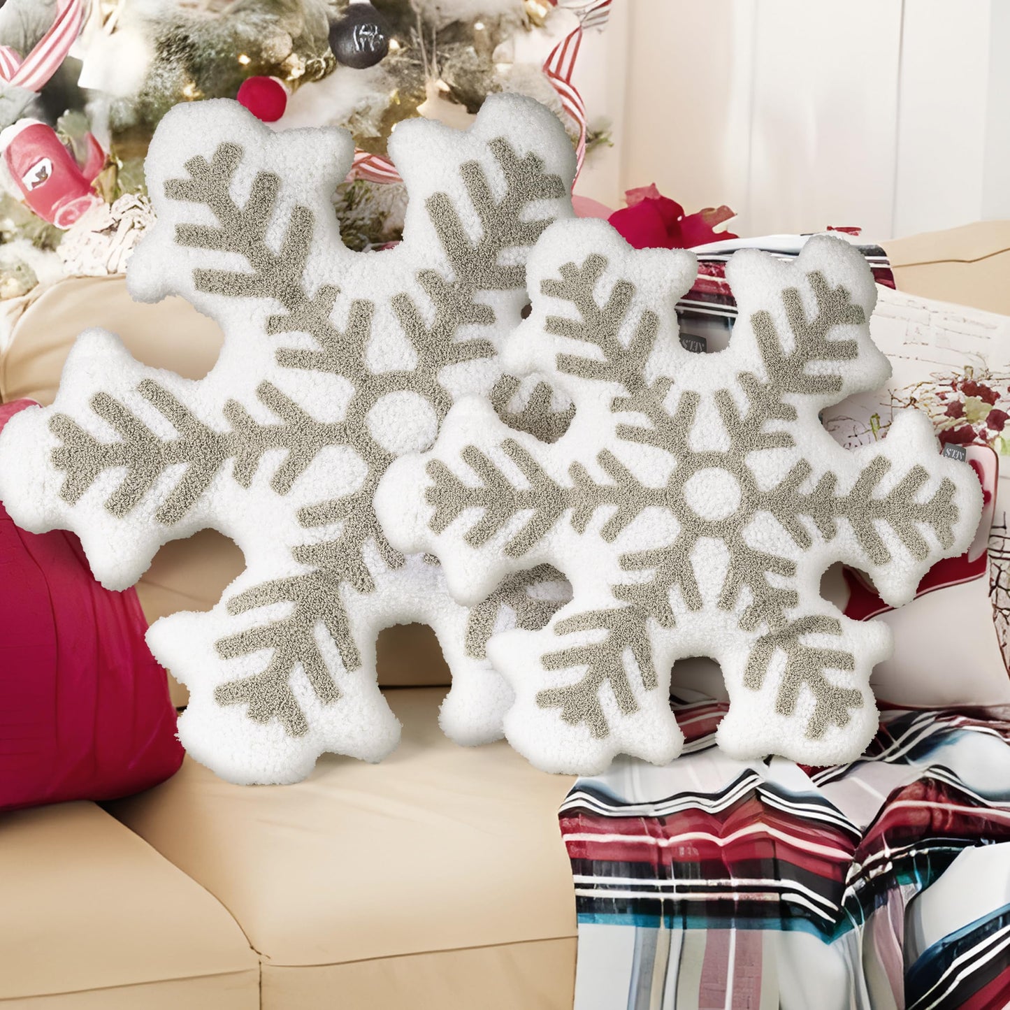 AELS 21.6 Inches 3D Snowflake Christmas Decorative Throw Pillow, Cute Winter Faux Fur Plush Throw Pillow, Living Room Bedroom Nursery Decor, White Christmas Decoration, Snow White