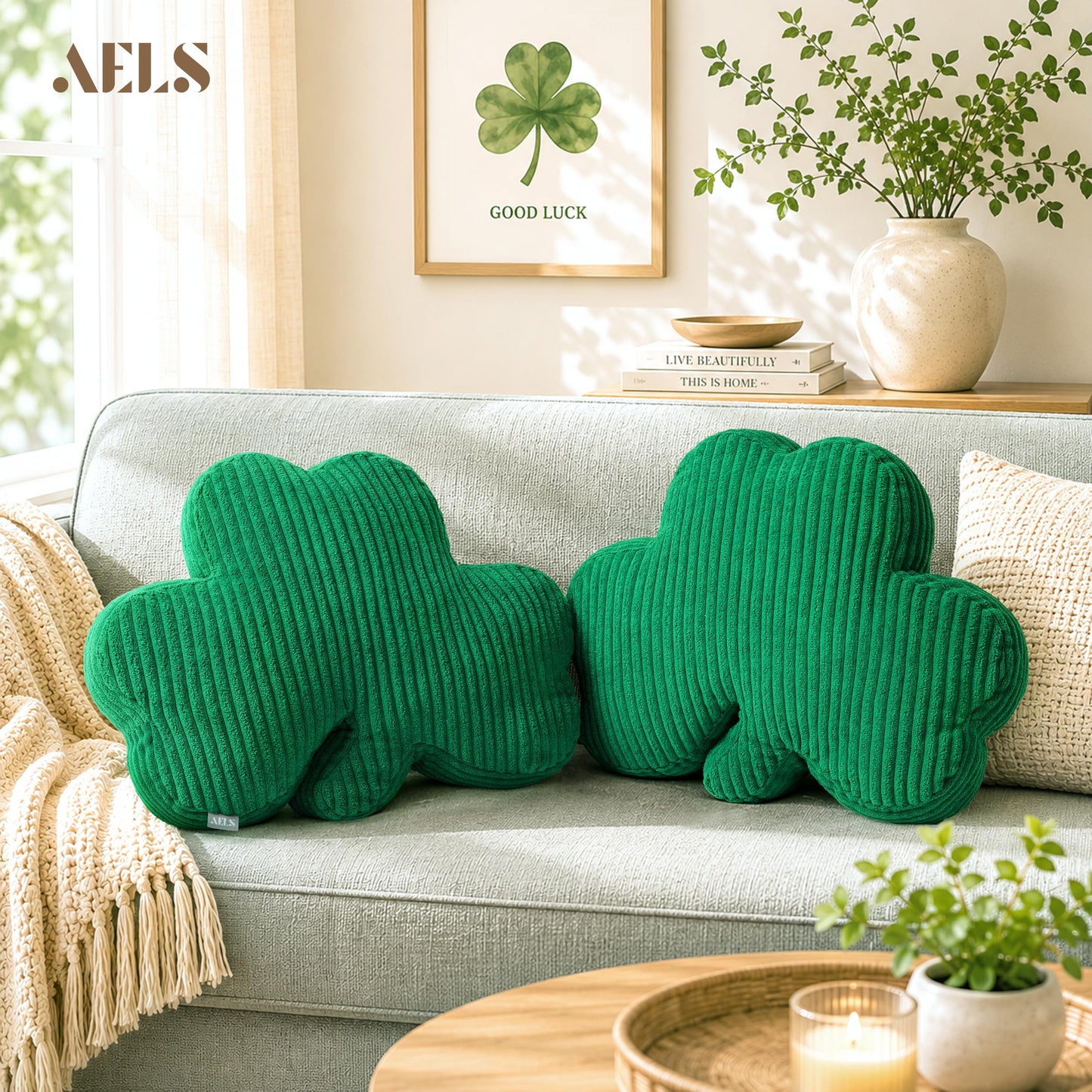 AELS Shamrock Pillow, St. Patrick's Day Decorative Throw Pillow, 15.7" Corduroy Striped Cute Cushion for Living Room & Bedroom, Perfect for Holiday Home Decor, Irish Green