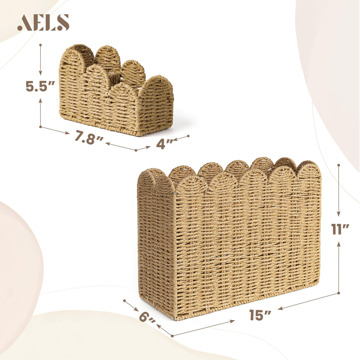 AELS Woven Natural Fibre Magazine Holder, Scalloped Edge Floor Magazine Rack, Hand-woven Organizer, Boho Modern Farmhouse Book Basket, File Newspaper Mail Holder for Office