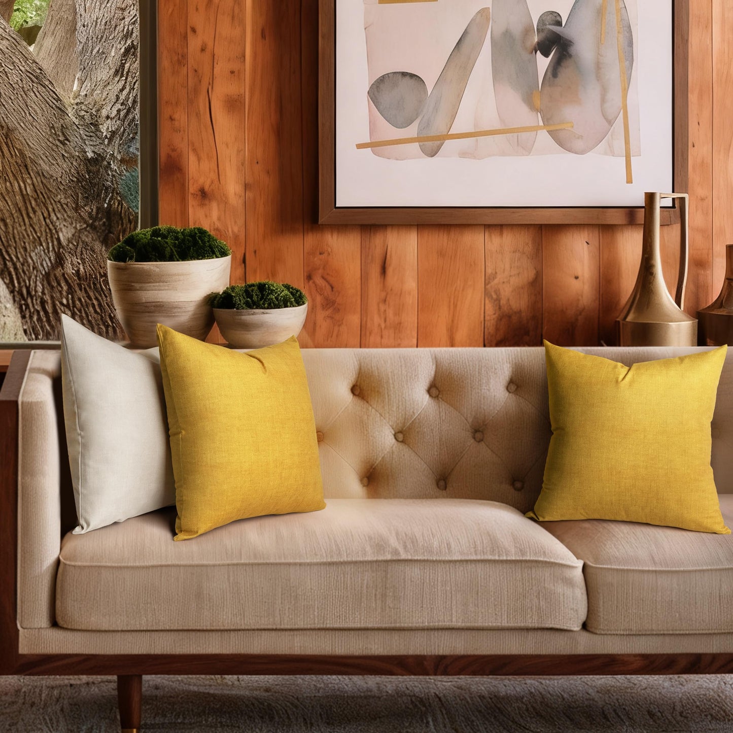 AELS Decorative Throw Pillow Covers 16x16, Set of 2, Soft Textured Look Printed Pillow Case, Modern Farmhouse Cushion Case for Bed Couch Sofa, Mustard Yellow (Covers Only)
