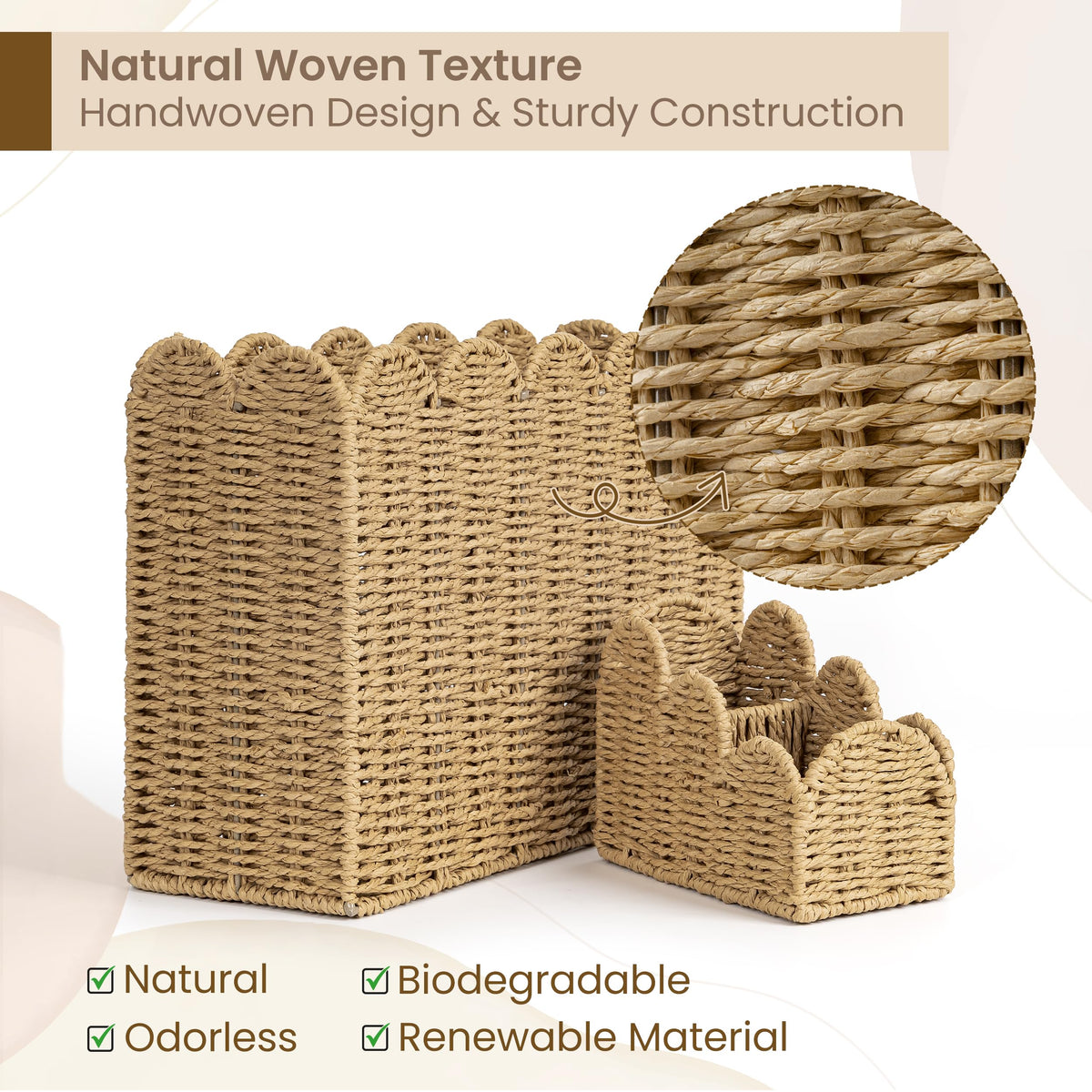 AELS Woven Natural Fibre Magazine Holder, Scalloped Edge Floor Magazine Rack, Hand-woven Organizer, Boho Modern Farmhouse Book Basket, File Newspaper Mail Holder for Office
