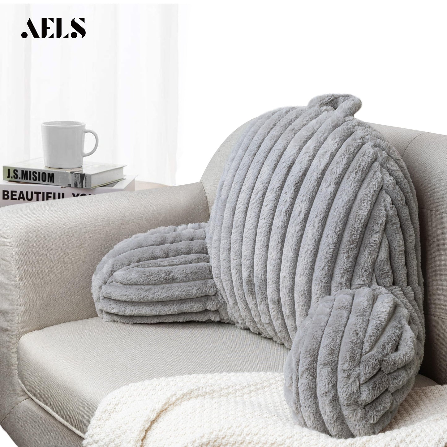 Large Reading Pillow Replacement Cover with Arms and Pockets (Cover ONLY), 18" Soft Faux Fur Striped Backrest Pillow Cover Fits Standard Size Reading Pillows, Cream White