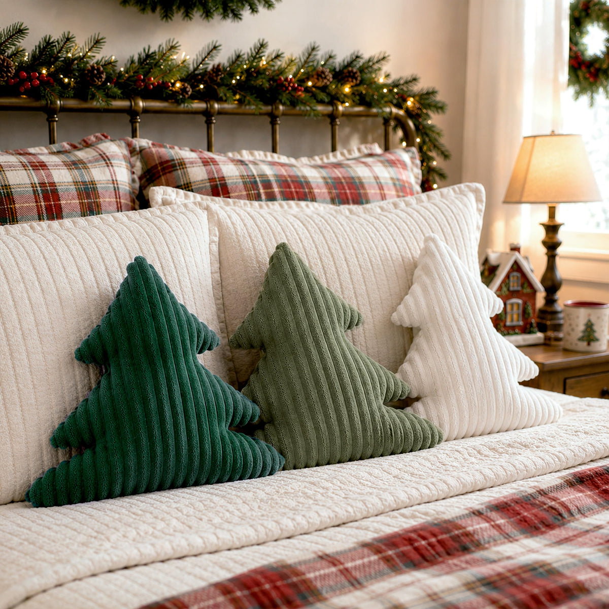 AELS Faux Fur Christmas Tree Decorative Pillow Set of 3, Forest Green Series