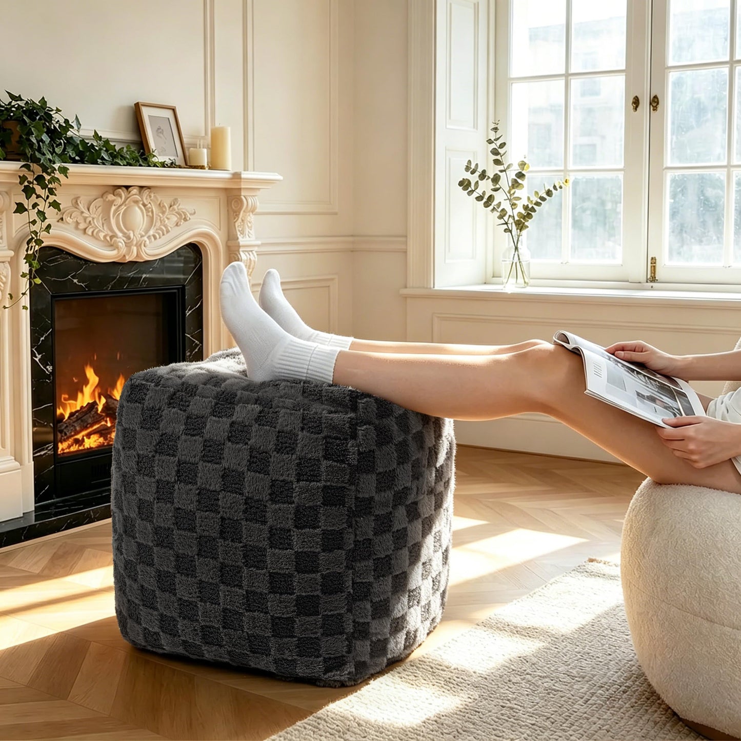 Unstuffed Leopard Cheetah Print Pouf Cover for Living Room, Boho Chic Modern Storage Bean Bag Cube, Soft Faux Fur Ottoman Foot Rest Footstool, 18"x18"x18", Cover ONLY, Natural Leopard