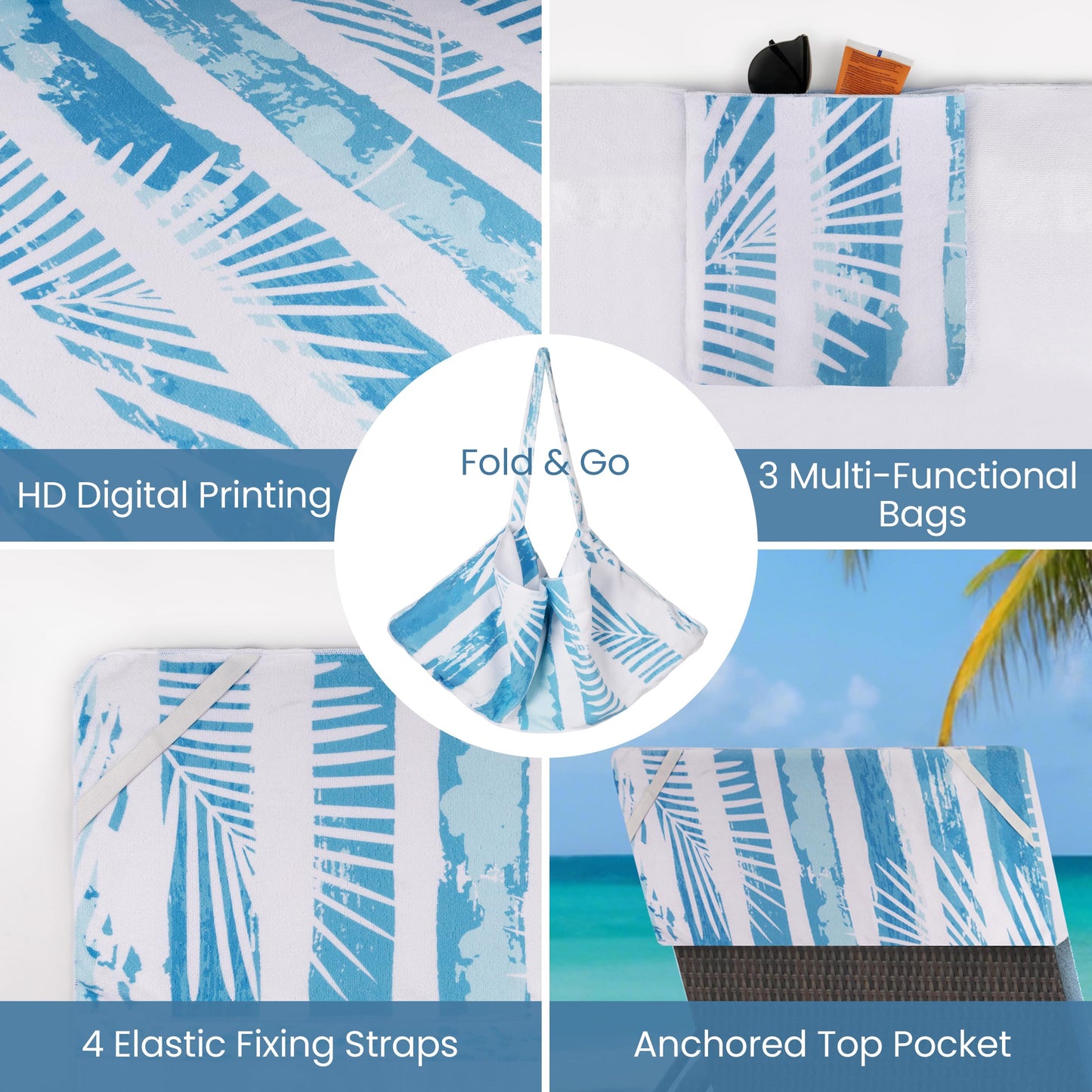 AELS Lounge Chair Towel Cover, Pack of 2 - Microfiber Beach Towels with Pockets, Fits Outdoor Garden Beach Hotel Pool Chairs, Non-Slip & Portable Design, 85" X 30", Sea Turtle Blue Stripe