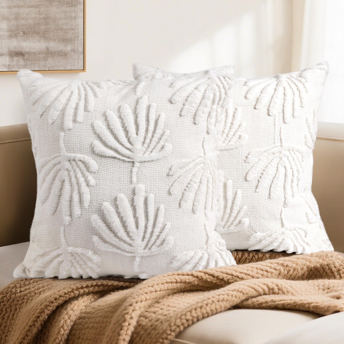 AELS Decorative Throw Pillow Covers 20x20, Set of 2, Modern Farmhouse Fan Palm Leaves Soft Plush Couch Pillow Case for Bed Couch Sofa, Cream White (Covers Only)