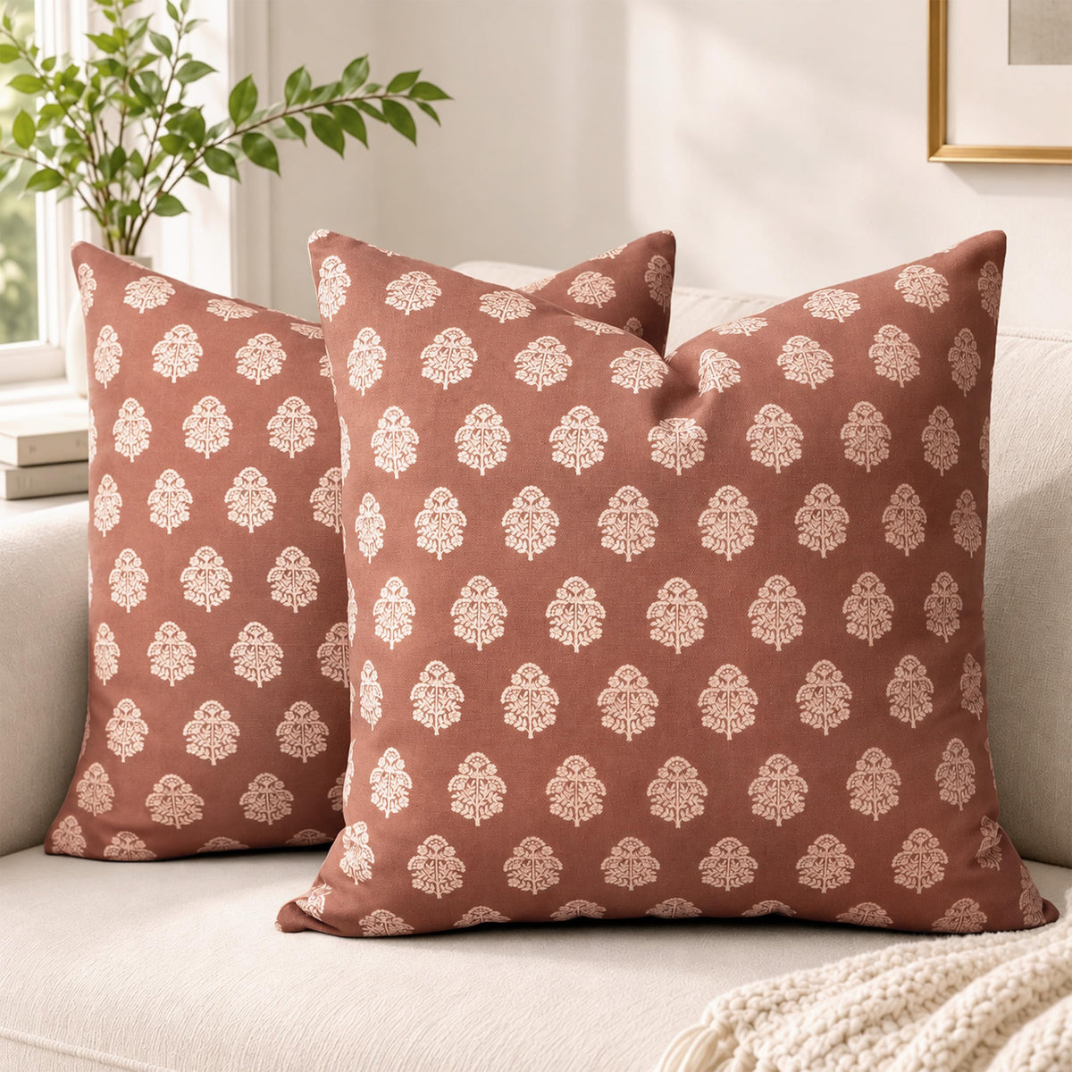 AELS 18x18 Decorative Farmhouse Throw Pillow Covers, Boho Floral Block Print Pillow Covers, Set of 2, Slate Blue Botanical Cushion Covers for Sofa Couch Bed Living Room Bedroom, Cover Only