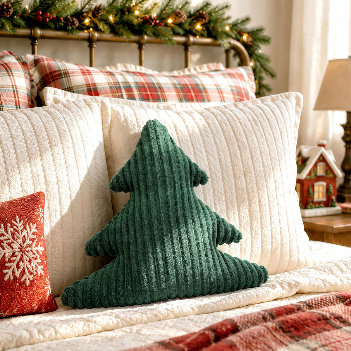 AELS Faux Fur Christmas Tree Decorative Pillow Set of 3, Forest Green Series