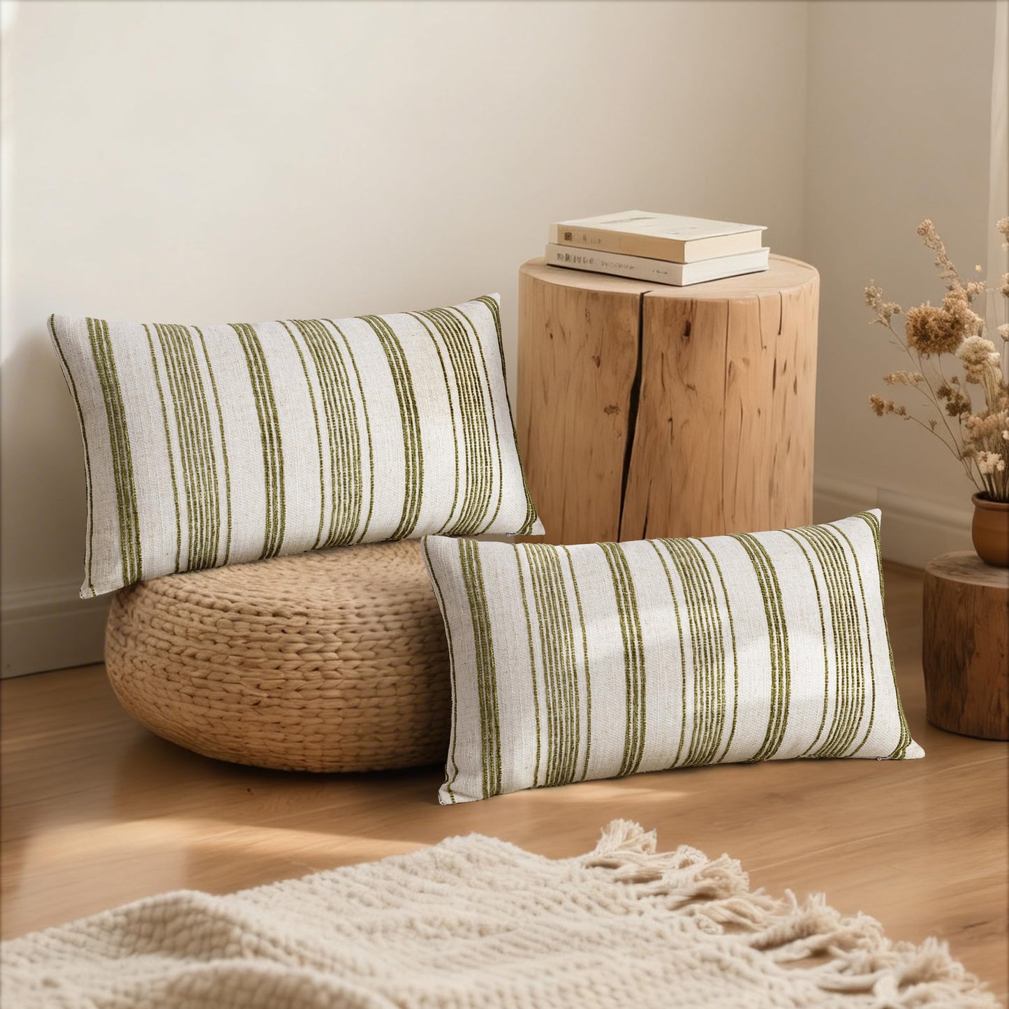 AELS 12x20 Decorative Farmhouse Linen Lumbar Pillow Covers, Beige with Olive Green Chenille Striped Pillow Case, Set of 2, Boho Textured Cushion Cover for Sofa Couch Living Room (Cover ONLY)