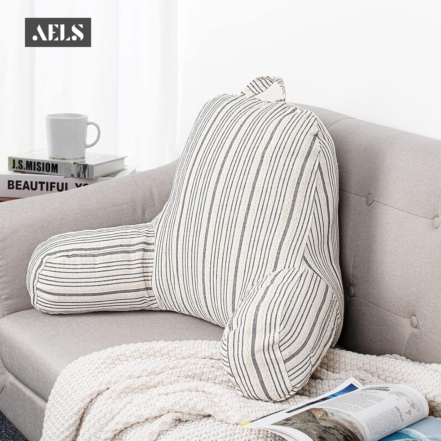 Reading Pillow Replacement Cover (No Insert) with Arms and Pockets, 18" Beige with Gray Stripes Textured Backrest Pillow Cover Fits Standard Size Pillows (Cover ONLY)