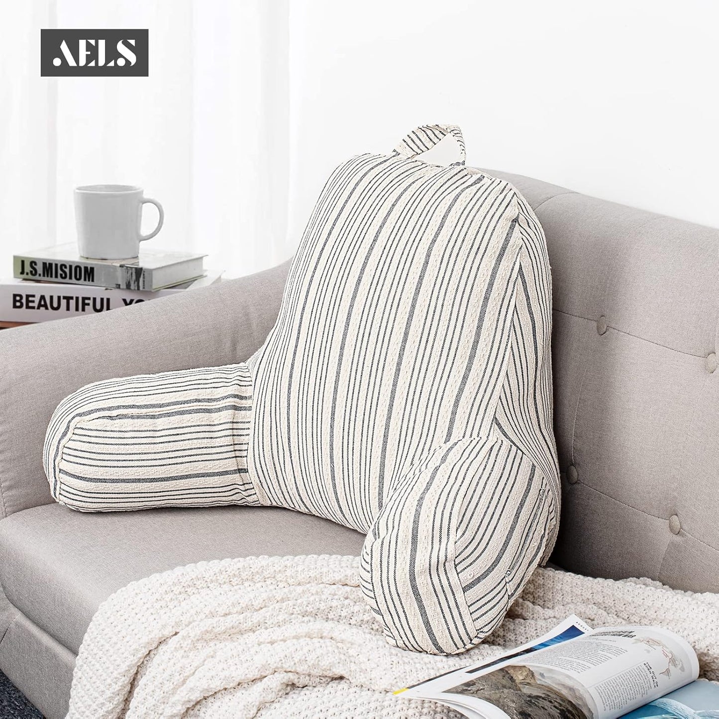 AELS Reading Pillow Replacement Cover (No Insert) with Arms and Pockets, 18" Beige with Gray Stripes Textured Backrest Pillow Cover Fits Standard Size Pillows (Cover ONLY)