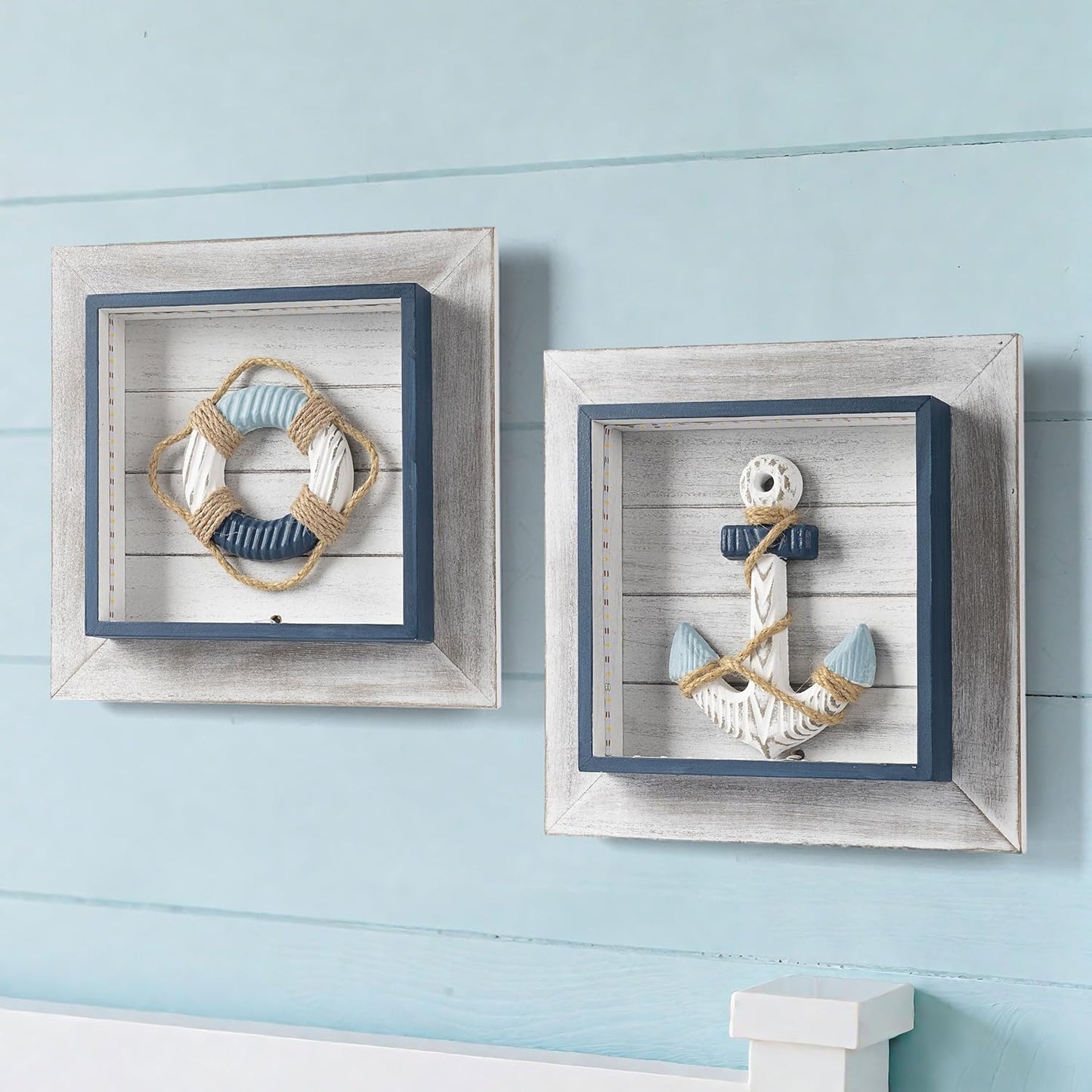 AELS 11.4" Large Wooden 3D Ocean Theme Wall Art Decor with LED Light, Rustic Nautical Wall Decor Framed Set of 2, Farmhouse Coastal Wall Art Sculpture, Shabby Chic Home Decor, Anchor & Life Ring