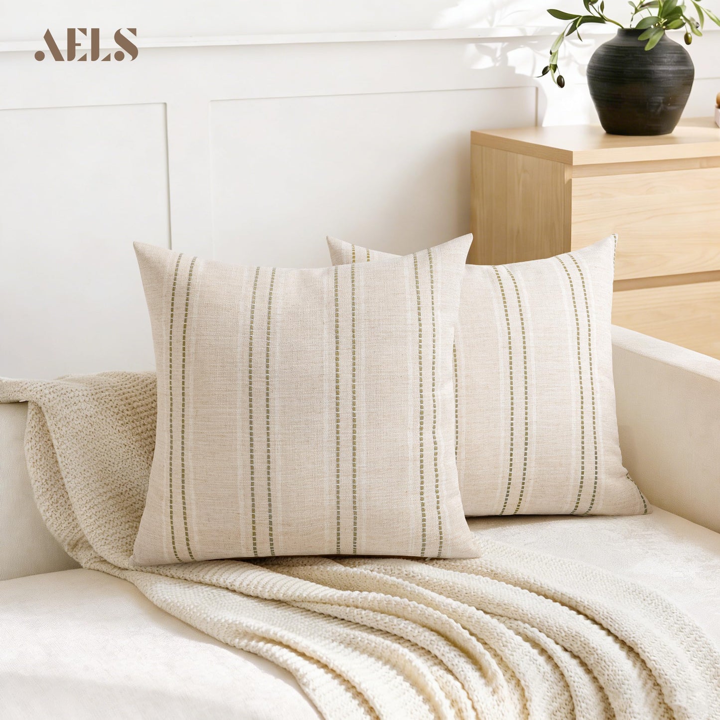 AELS 12x20 Decorative Farmhouse Linen Blend Throw Pillow Covers, Boho Textured Pillow Case, Set of 2, Beige with White & Brown Stitch Yarn Dyed Stripe Cushion Cover for Sofa Living Room (Cover ONLY)