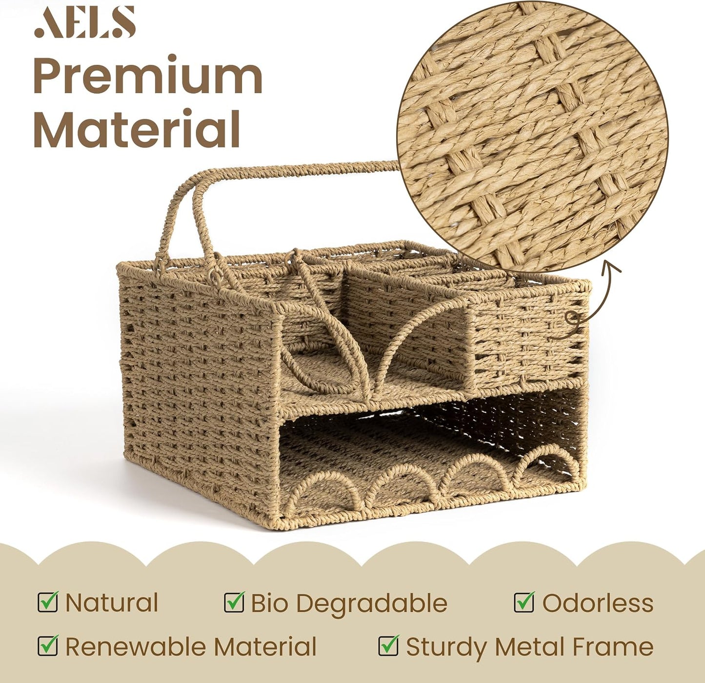 Woven Rattan Utensil Caddy with Handle, Silverware Holder for Napkins, Cutlery, Condiments & Picnic Supplies, Multipurpose Flatware Organizer for Kitchen, Dining, Buffet, BBQ & Party