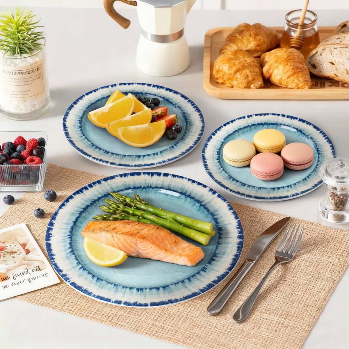 AELS Melamine Dinnerware Set of 18 Pcs Dinner Dishes Set, Lightweight Unbreakable for Indoor and Outdoor Use, BPA Free, Dishwasher Safe, Light Blue