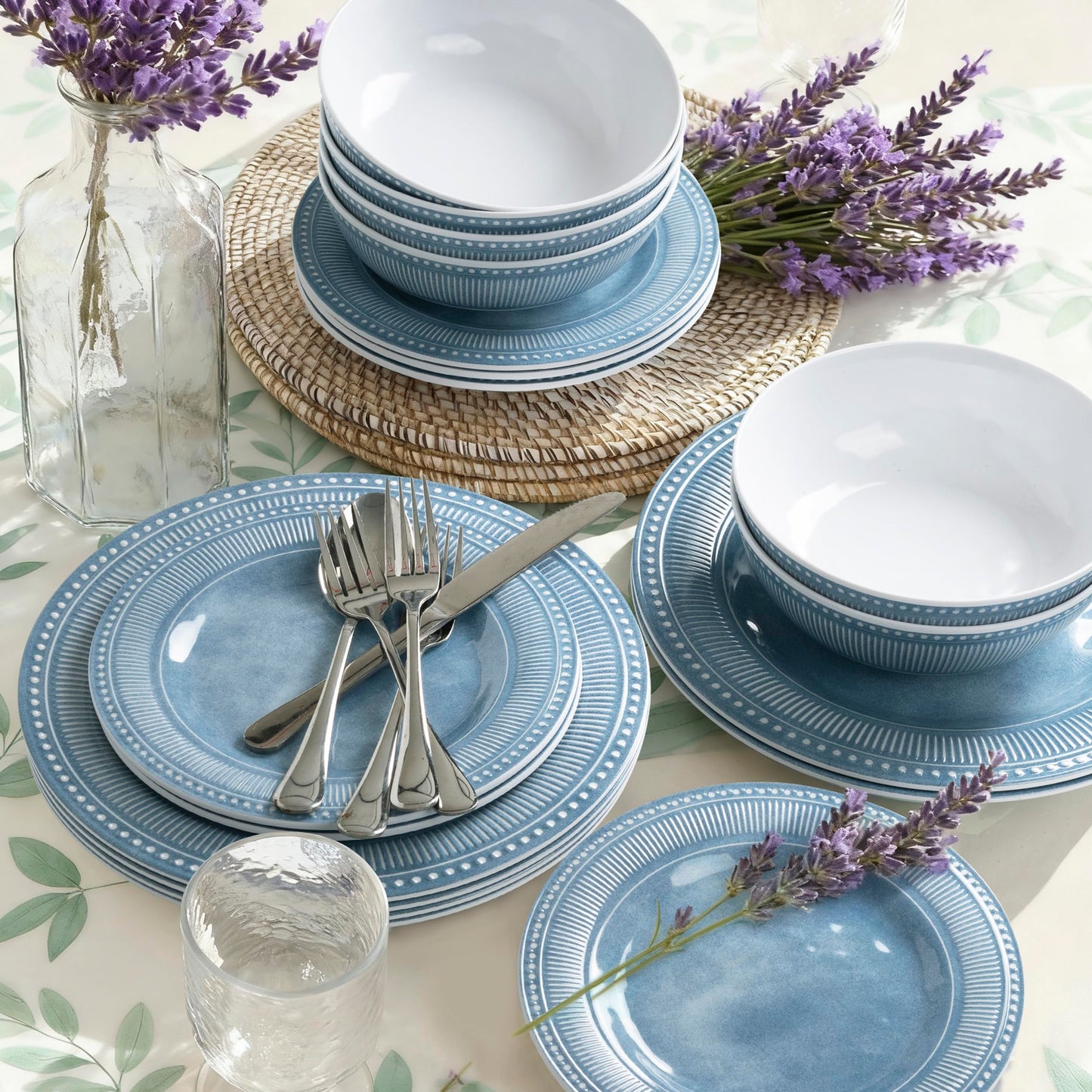 Melamine Dinnerware Set of 12 Pcs, Dinner Dishes Set for Indoor and Outdoor Use, Melamine Plates and Bowls Set for 4, Dishwasher Safe, Lightweight Unbreakable, BPA Free, Blue