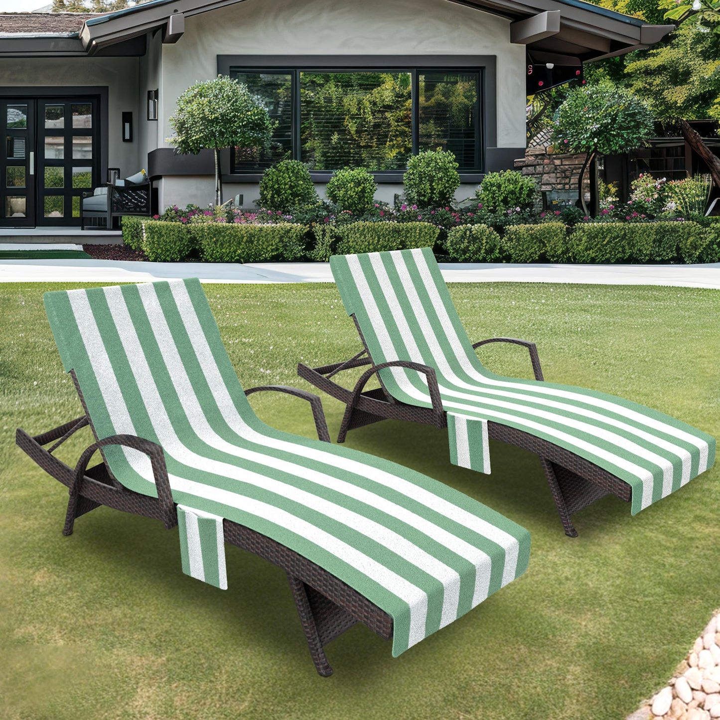 Lounge Chair Towel Cover, Pack of 2 - Microfiber Beach Towels with Pockets, Fits Outdoor Garden Beach Hotel Pool Chairs, Non-Slip & Portable Design, 85" X 30", Ombre Blue Stripes