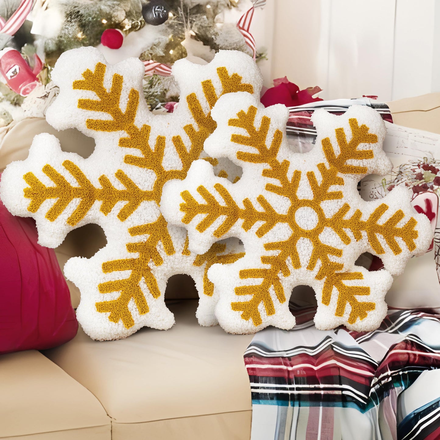 AELS 21.6 Inches 3D Snowflake Christmas Decorative Throw Pillow, Cute Winter Faux Fur Plush Throw Pillow, Living Room Bedroom Nursery Decor, White Christmas Decoration, Snow White