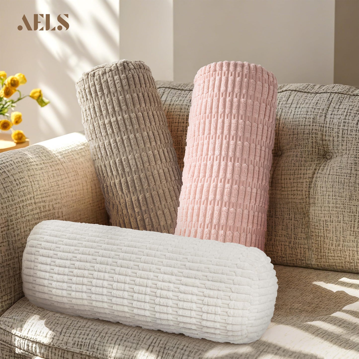 AELS Faux Fur Striped Cylinder Pillows, 8" x 24" Decorative Modern Bolster Pillows with Removable Washable Cover and Insert, Body Pillow for Couch and Bed, Living Room Bedroom Nursery Decor, White