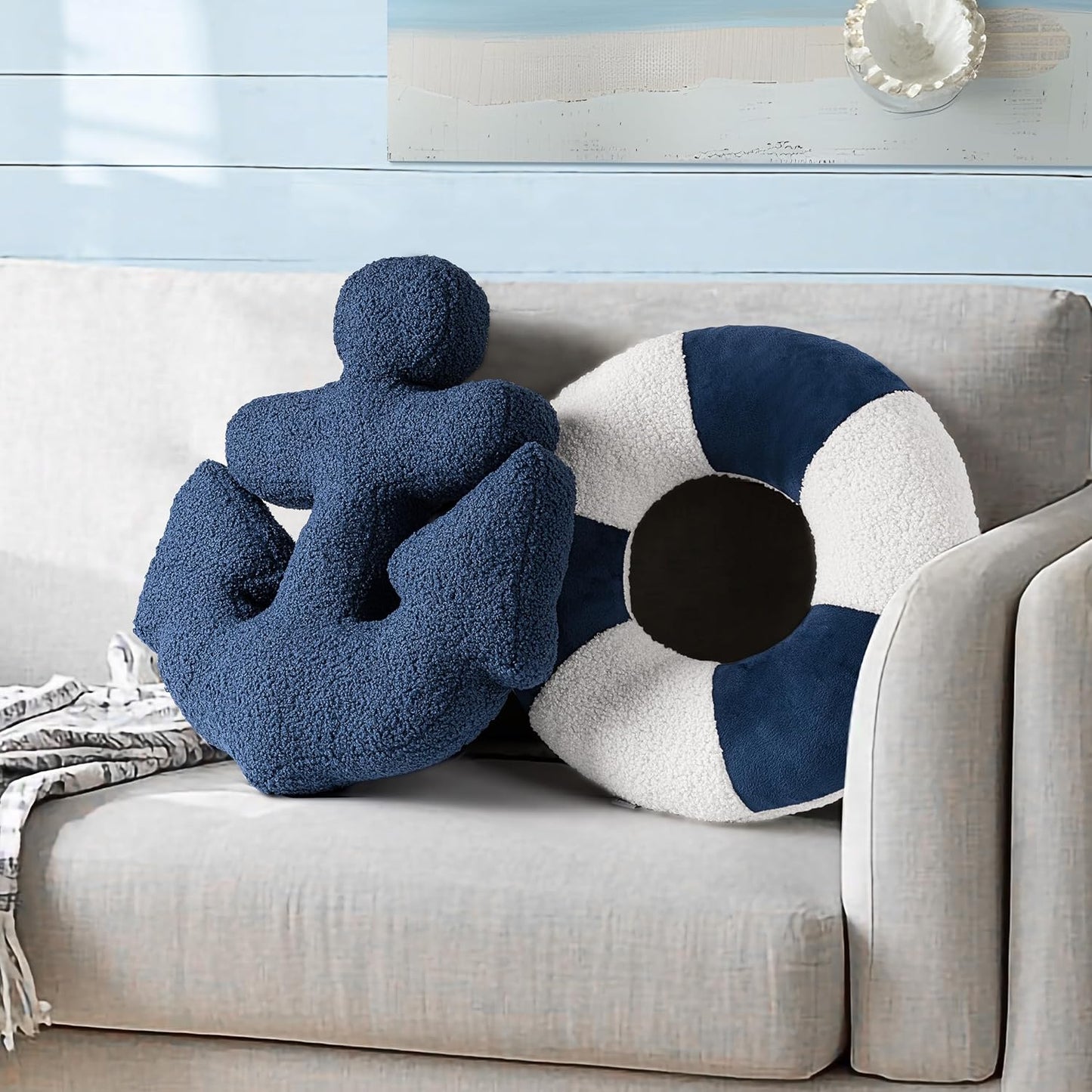 AELS 3D Anchor & Lifebuoy Nautical Decorative Throw Pillows, 19.6"& 15.7" Set of 2, Coastal Decor for Beach Enthusiasts Beach House, Sofa Couch Living Room Bedroom and Nursery, Navy Blue and White