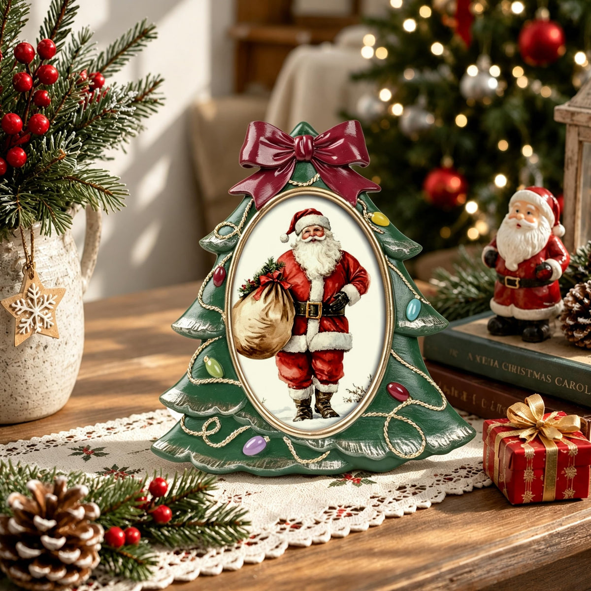 AELS 4x6 Inch Vintage Christmas Tree Picture Frames White Gold Bow
