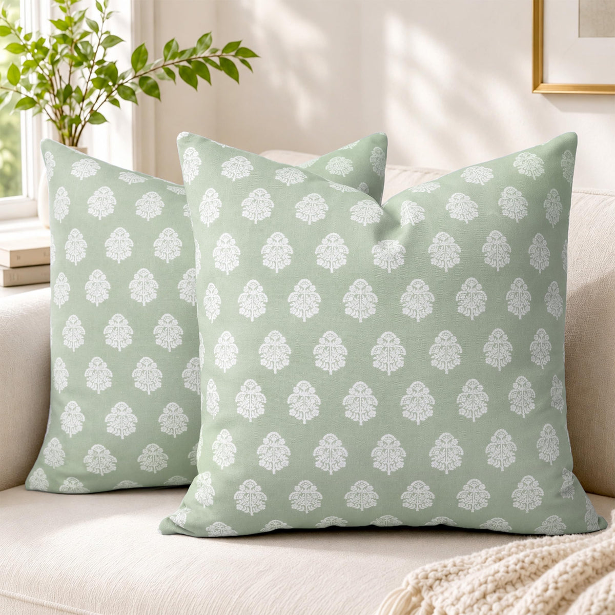 AELS 18x18 Decorative Farmhouse Throw Pillow Covers, Boho Floral Block Print Pillow Covers, Set of 2, Slate Blue Botanical Cushion Covers for Sofa Couch Bed Living Room Bedroom, Cover Only