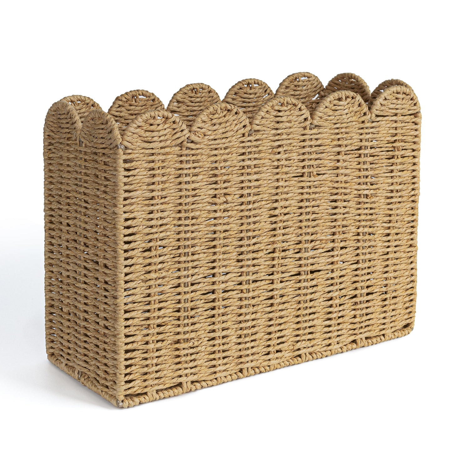 Woven Natural Fibre Magazine Holder, Scalloped Edge Floor Magazine Rack, Hand-woven Organizer, Boho Modern Farmhouse Book Basket, File Newspaper Mail Holder for Office