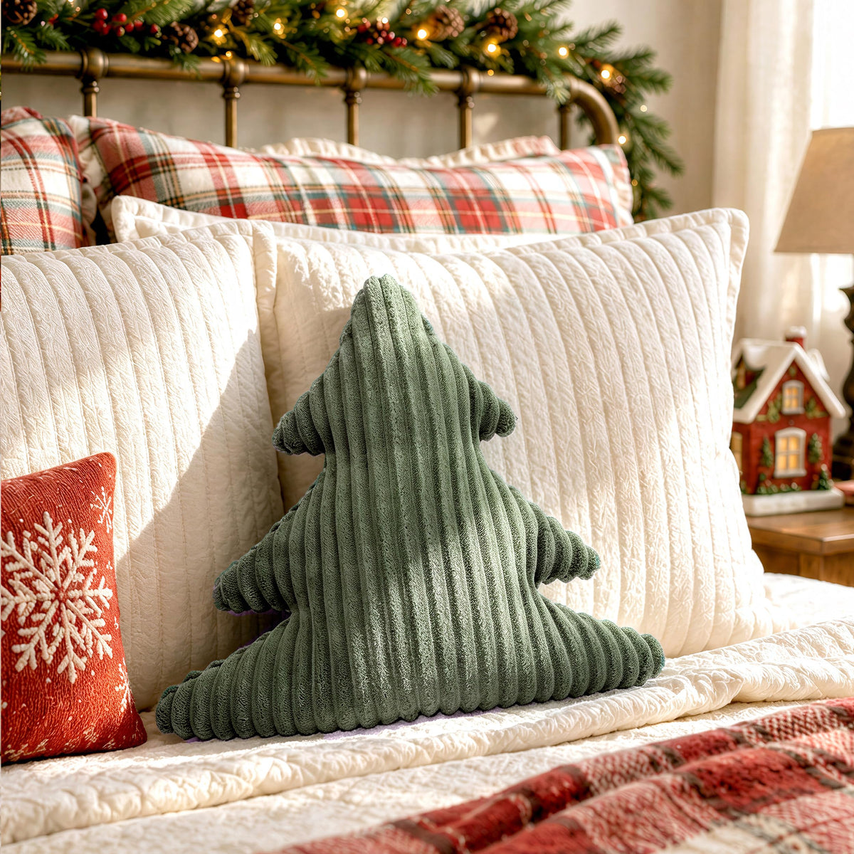 AELS Faux Fur Christmas Tree Decorative Pillow Set of 3, Forest Green Series