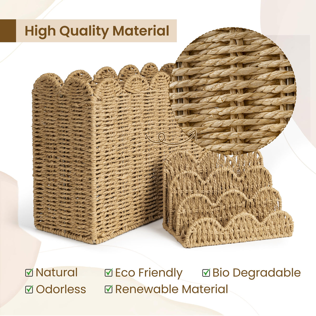 AELS Woven Natural Fibre Magazine Holder, Scalloped Edge Floor Magazine Rack, Hand-woven Organizer, Boho Modern Farmhouse Book Basket, File Newspaper Mail Holder for Office
