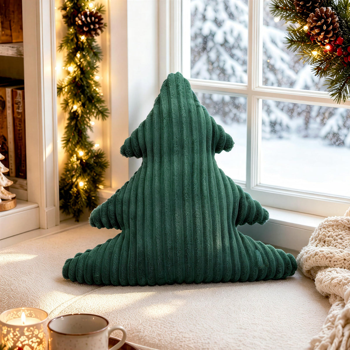 AELS Faux Fur Christmas Tree Decorative Pillow Set of 3, Forest Green Series