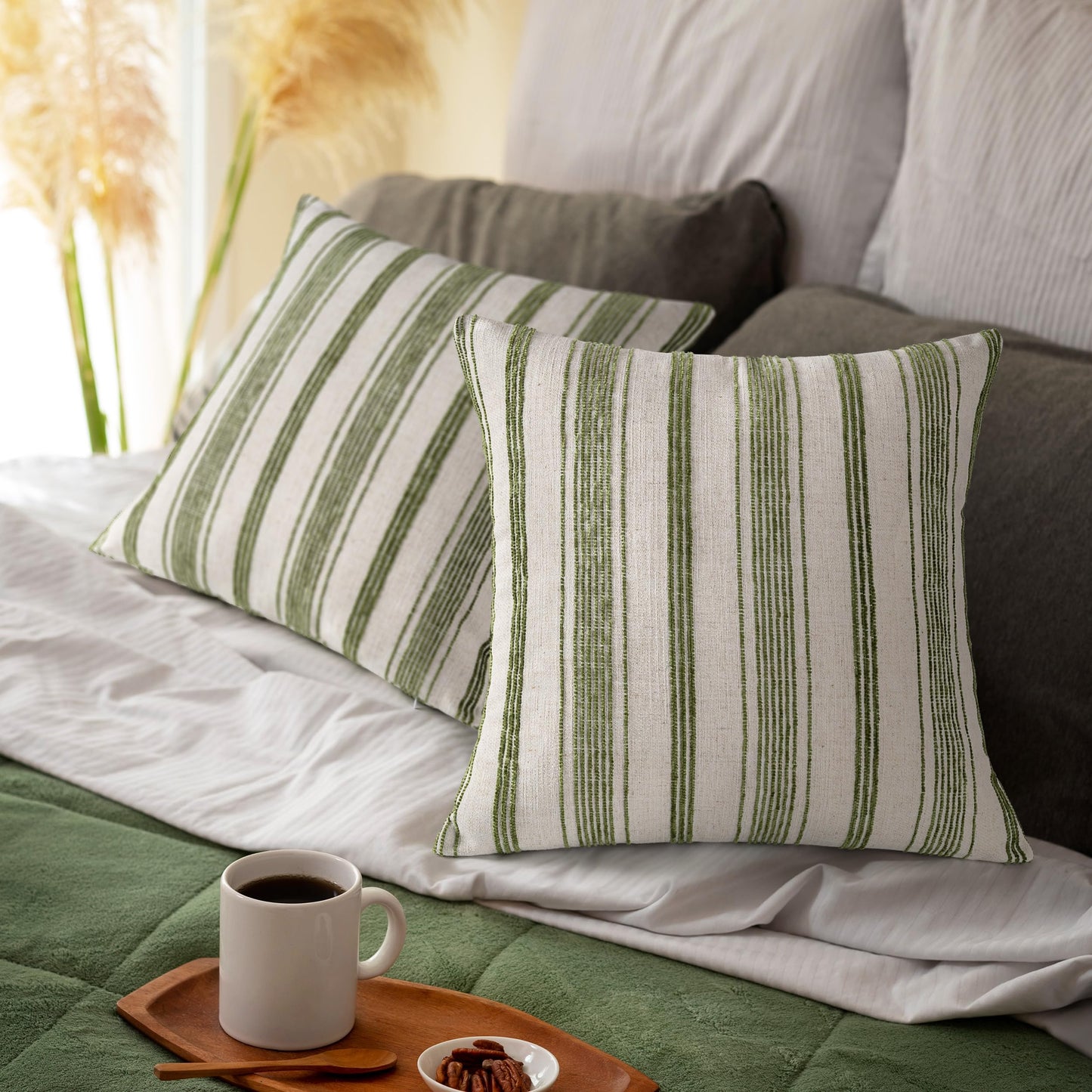 AELS 12x20 Decorative Farmhouse Linen Lumbar Pillow Covers, Beige with Olive Green Chenille Striped Pillow Case, Set of 2, Boho Textured Cushion Cover for Sofa Couch Living Room (Cover ONLY)