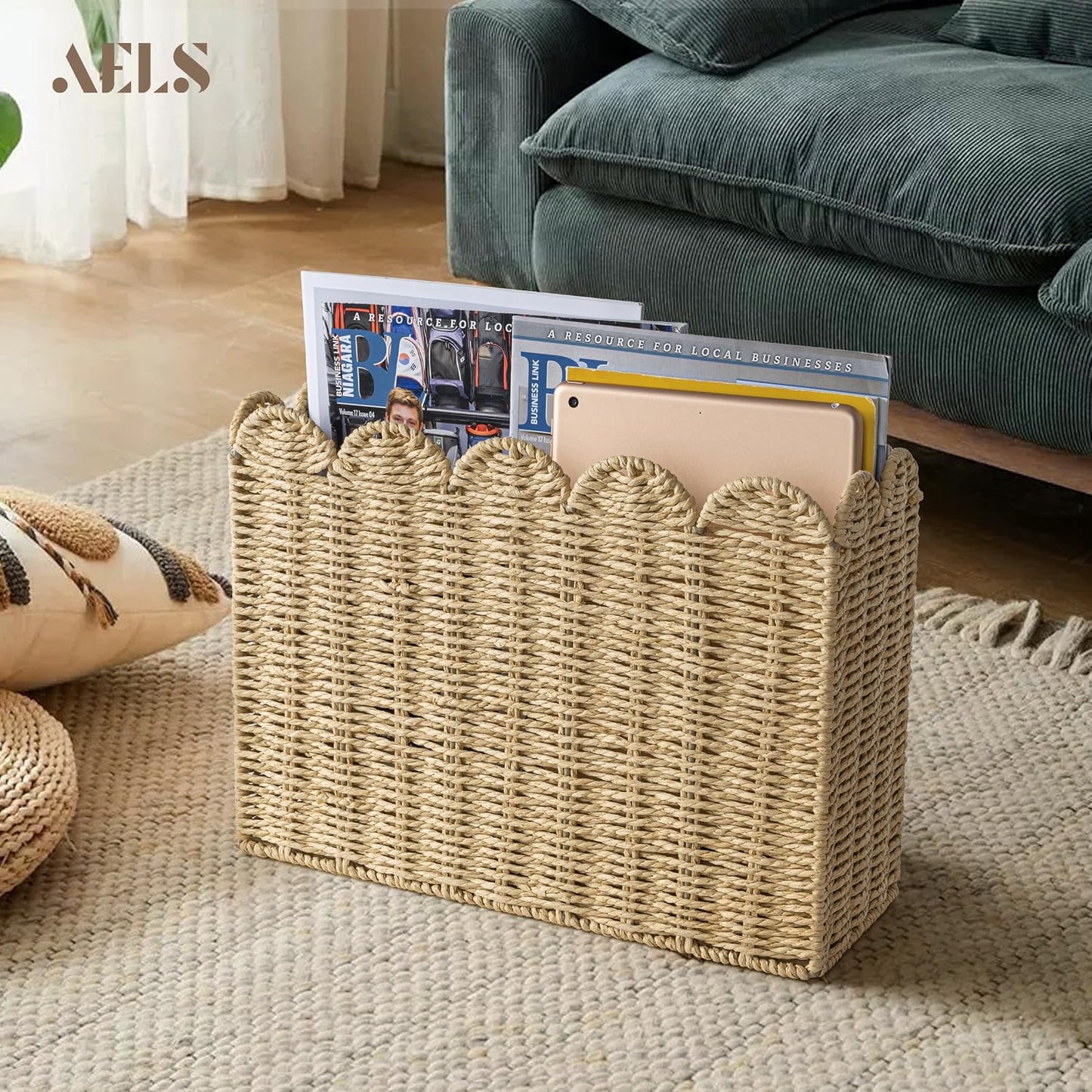 Woven Natural Fibre Magazine Holder, Scalloped Edge Floor Magazine Rack, Hand-woven Organizer, Boho Modern Farmhouse Book Basket, File Newspaper Mail Holder for Office