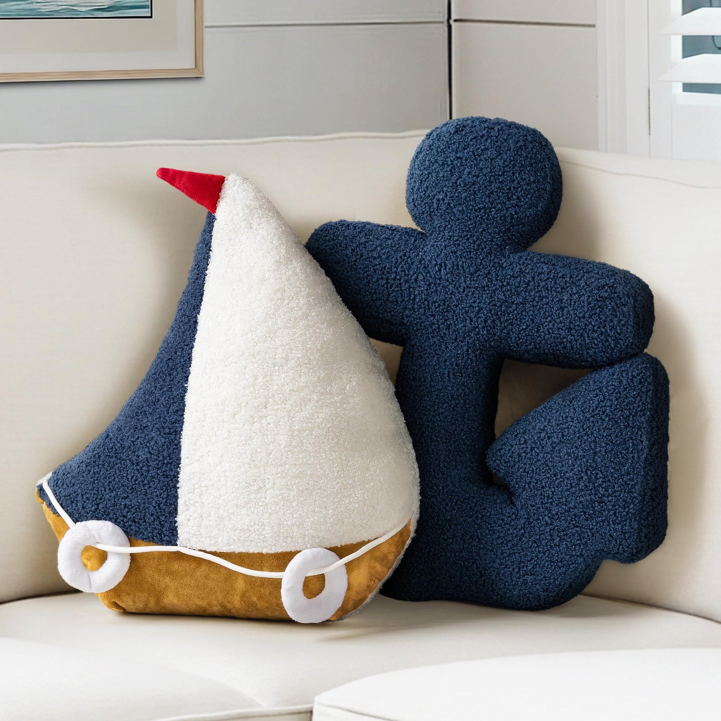 AELS 3D Anchor & Lifebuoy Nautical Decorative Throw Pillows, 19.6"& 15.7" Set of 2, Coastal Decor for Beach Enthusiasts Beach House, Sofa Couch Living Room Bedroom and Nursery, Navy Blue and White